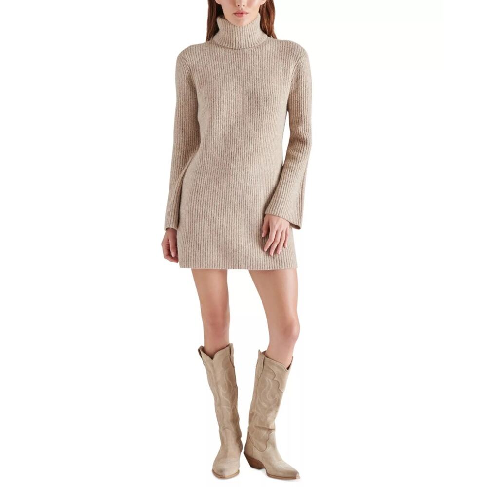 Steve Madden Women Beige Cable Knit Abbie Turtleneck Mini Sweater Dress Size XS